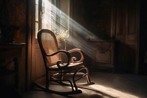 un vieux en bois balancement chaise dans une poussiéreux ancien pièce avec lumière poutres établi avec génératif ai technologie. photo