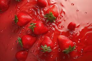 Haut vue de une groupe de des fraises éclabousser dans une fraise jus. ai généré photo