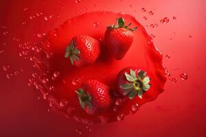 Haut vue de une groupe de des fraises éclabousser dans une fraise jus. ai généré photo