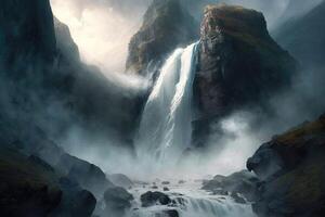 ai généré magnifique cascade, en cascade vers le bas une rocheux falaise et Envoi en cours une nuage de brouillard dans le air. photo