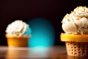 délicieux la glace crème dans une tasse, fermer, sur le tableau. sucré aliments. génératif ai photo