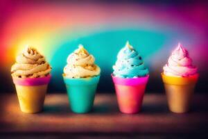 délicieux la glace crème dans une tasse, fermer, sur le tableau. sucré aliments. génératif ai photo