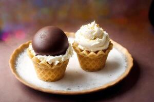 délicieux la glace crème dans une tasse, fermer, sur le tableau. sucré aliments. génératif ai photo