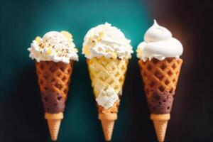 délicieux la glace crème dans une tasse, fermer, sur le tableau. sucré aliments. génératif ai photo