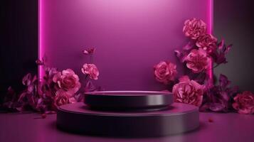 génératif ai, produit viva magenta minimal scène avec géométrique podium Plate-forme et fleurs, moquer en haut supporter pour des produits. photo