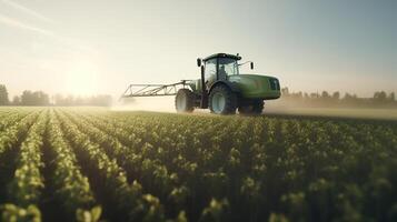 génératif ai, tracteur pulvérisation une champ, ferme paysage, agricole magnifique campagne, pays route. la nature illustration, photoréaliste Haut vue horizontal bannière. photo