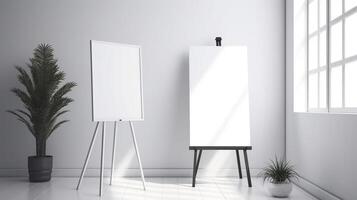 génératif ai, réaliste blanc affiche moquer en haut Vide sur minimaliste arrière-plan, ouvrages d'art modèle photo