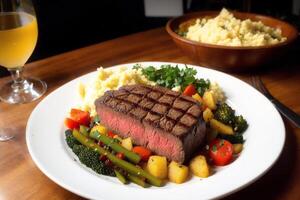 du boeuf steak avec patates et des légumes sur une blanc plaque. restaurant. génératif ai photo