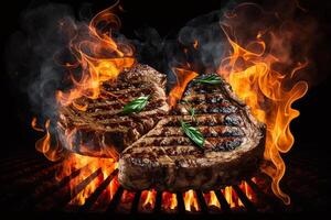 du boeuf steaks sur le gril avec flammes ai généré photo