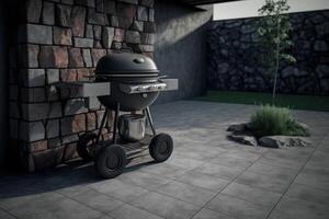 charbon un barbecue sur une béton patio ai généré photo