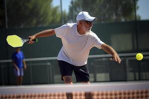 photo de un personnes âgées homme en portant une pickleball raquette sur une pickleball rechercher. génératif ai