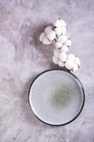 maquette de vide céramique assiette et coton branche sur gris Contexte Haut et verticale vue photo