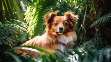 ai généré portrait de mignonne rouge chien parmi tropical vert les plantes génératif ai photo