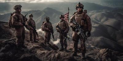 élite nous spécial les forces soldat des stands fier avant une drapeau, honorer le déchu. génératif ai photo