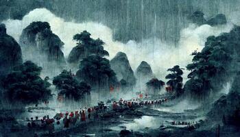 La peinture de une groupe de gens en marchant dans le pluie. génératif ai. photo