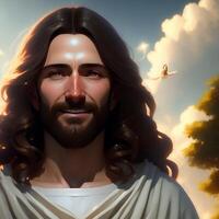 réaliste 3d anime style Jésus avec saint esprit suivant à lui illustration ai généré photo