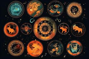 une ensemble de magique zodiaque panneaux sur une foncé Contexte avec étoiles établi avec génératif ai technologie. photo