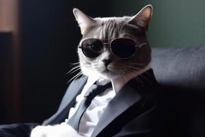 une moderne chat portant une affaires costume et des lunettes de soleil établi avec génératif ai technologie. photo