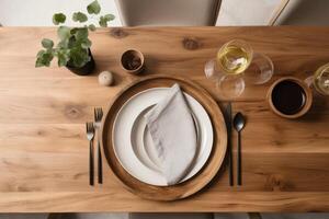 une dîner table fabriqué de rustique chêne bois établi avec génératif ai technologie. photo