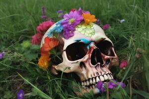 coloré fleurs croissance en dehors de une crâne certains herbe sur le sol établi avec génératif ai technologie. photo