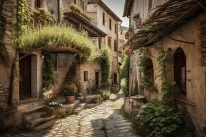 un vieux rue dans un idyllique italien village établi avec génératif ai technologie. photo