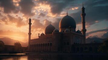 ai génératif mosquées dôme silhouette sur foncé or crépuscule ciel dans nuit avec croissant lune sur le coucher du soleil. arabe, aïd al-adha, moubarak musulman concept photo