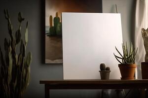 Vide blanc Toile à l'intérieur de une vivant pièce pour une mur art maquette illustration avec génératif ai photo