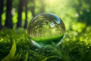 cristal Balle sur vert herbe avec réflexion de vert végétation à l'intérieur. neural réseau généré art photo