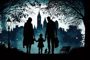 père, mère et enfant isolé silhouette dans ville parc ai généré photo