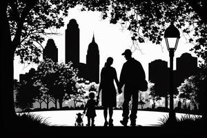 père, mère et enfant isolé silhouette dans ville parc ai généré photo