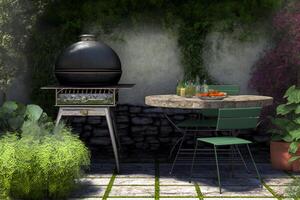 jardin espace et table avec gril ai généré photo