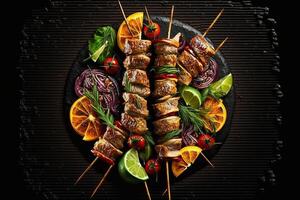 grillé Viande brochettes, shish kebab sur noir arrière-plan, Haut vue ai généré photo