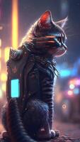 illustration de chat dans cyberpunk style avec vêtements et Vêtements avec futuriste ville Contexte et néon lumière. science fiction fantaisie image. ai généré images. photo