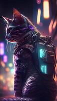 illustration de chat dans cyberpunk style avec vêtements et Vêtements avec futuriste ville Contexte et néon lumière. science fiction fantaisie image. ai généré images. photo