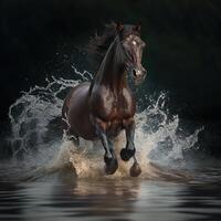 le étourdissant afficher de une magnifique les chevaux force et beauté fonctionnement à travers eau, génératif ai photo