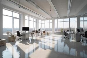 grand Bureau avec grand les fenêtres avec Naturel lumière dans blanc couleurs. affaires intérieur. génératif ai photo