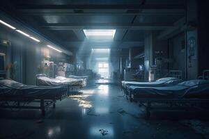 intérieur de une hôpital évacué dû à le menace de fusée Feu pendant le guerre. génératif ai photo