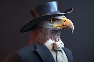 gentleman, patron chauve Aigle dans chapeau, costume et cravate. bannière entête. ai généré. photo