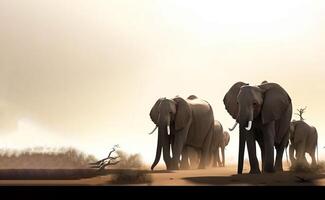 groupe de éléphants des promenades dans le journée de Afrique sur une poussiéreux paysage. la nature Contexte. ai généré. photo