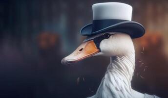 gentilhomme blanc cygne dans une chapeau, sur une noir Contexte. ai généré. photo