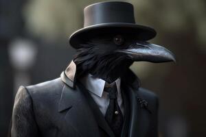 gentleman, patron noir corbeau dans une chapeau, costume et cravate. bannière entête. ai généré. photo