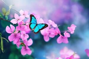 le papillon est collecte nectar de le violet fleurs avec ai généré. photo