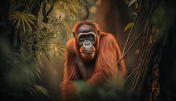 orang-outan dans une tropical forêt tropicale préservation zone , Bornéo endémique primates ,génératif ai photo