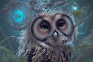 ai génératif un illustration de une hibou avec une bleu Contexte et une bleu Contexte. photo