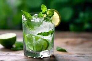 ai généré humide verre de Frais cool du froid mohito cocktail sur le table à plage à été temps. abstrait surréaliste la magie cocktail dans espace ou autre planète comme Mars. en dessous de l'eau océan boisson. photo