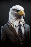 ai généré portrait de Aigle dans noir costume blanc T-shirt, Etats-Unis drapeau cravate. abstrait personnage sur le gris Contexte. photo