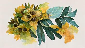 tournesol et eucalyptus feuilles bouquet. aquarelle floral clipart, Jaune fleurs. génératif ai photo