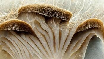 fermer de une champignon dans une champ à jour avec une floue Contexte. génératif ai photo