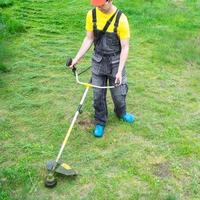 une Masculin jardinier tond le vert herbe de le pelouse dans le arrière-cour avec une de l'essence tondeuse. tondeuse pour le se soucier de une jardin terrain photo