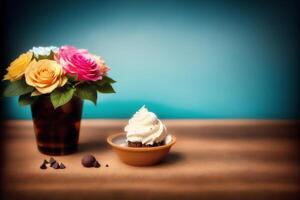 délicieux la glace crème dans une tasse, fermer, sur le tableau. sucré aliments. génératif ai photo